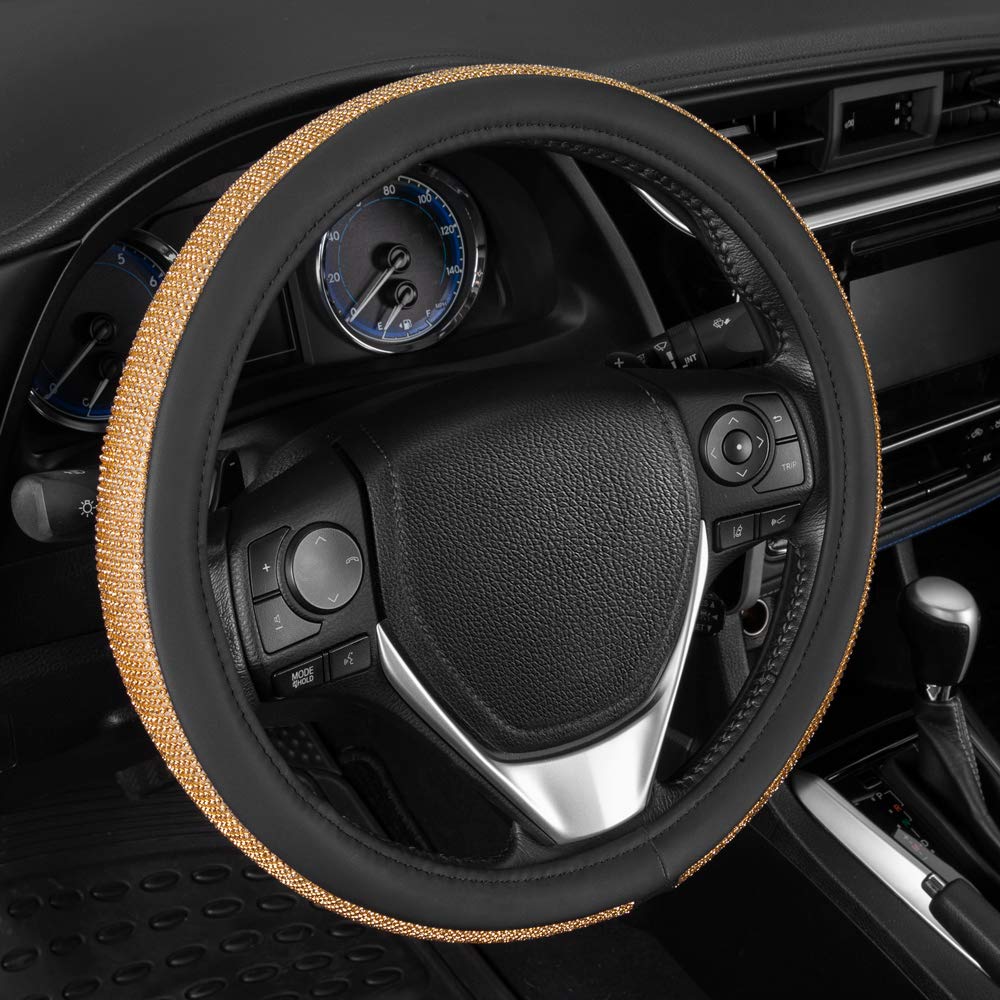 BDK Bling Bling Glitter Diamond Leather Steering Wheel Cover with 9 Rows Crystal Rhinestones, Universal Fit 14.5-15.5 Inch for Women/Girls (Bling Crystal Diamonds - Gold) - Image 3