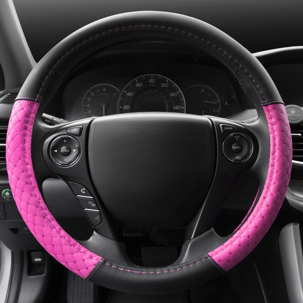 BDK CarXS Diamond Quilt Steering Wheel Cover, Pink – Breathable Anti-Slip Protector with Bling Bling Sequin for Women, Fits Most Standard Wheel Sizes 14.5-15 inch - Image 3
