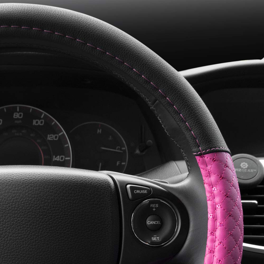 BDK CarXS Diamond Quilt Steering Wheel Cover, Pink – Breathable Anti-Slip Protector with Bling Bling Sequin for Women, Fits Most Standard Wheel Sizes 14.5-15 inch - Image 5