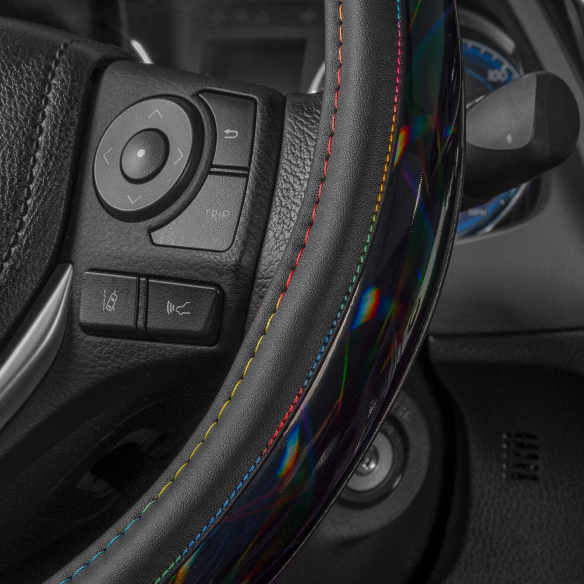 BDK Cute Iridescent Black Steering Wheel Cover for Women, Standard 15 inch Size, Sparkle Faux Leather Car Steering Wheel Cover for Truck Van SUV Auto - Image 5