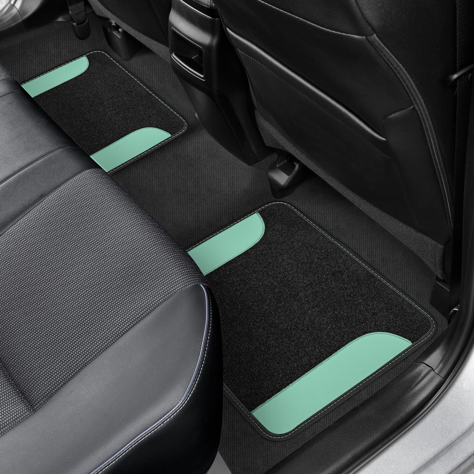 BDK floor mats for Cars, Two-Tone Carpet with Faux Leather Accents, Automotive floor mat Set with Built-in Heel Pad, Stylish Interior Car Accessories (Mint) - Image 7