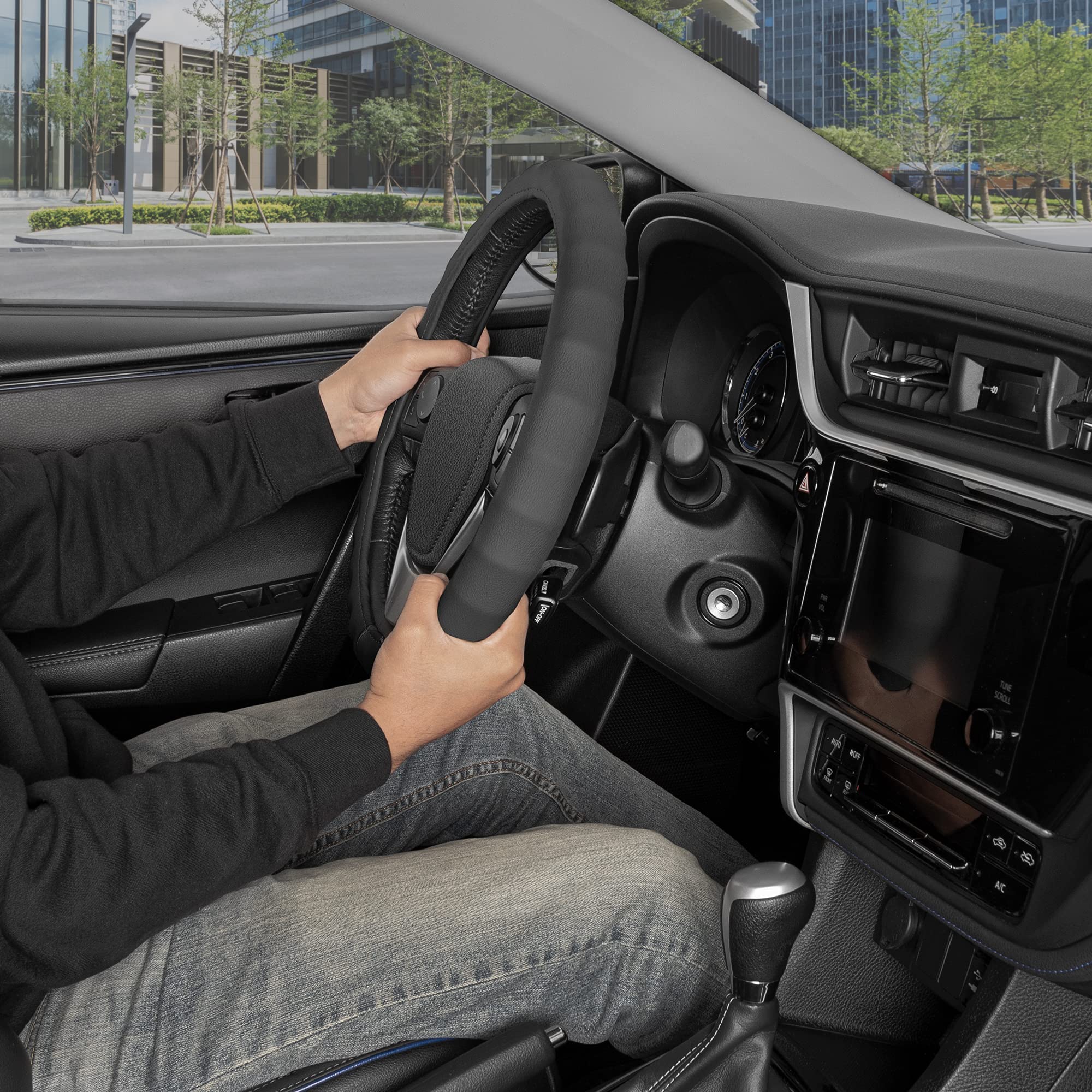 BDK Genuine Black Leather Steering Wheel Cover for Car, Large 15.5-16 inch – Ergonomic Comfort Grip for Men & Women, Car Steering Wheel Cover for Vehicles with Large Steering Wheels - Image 3