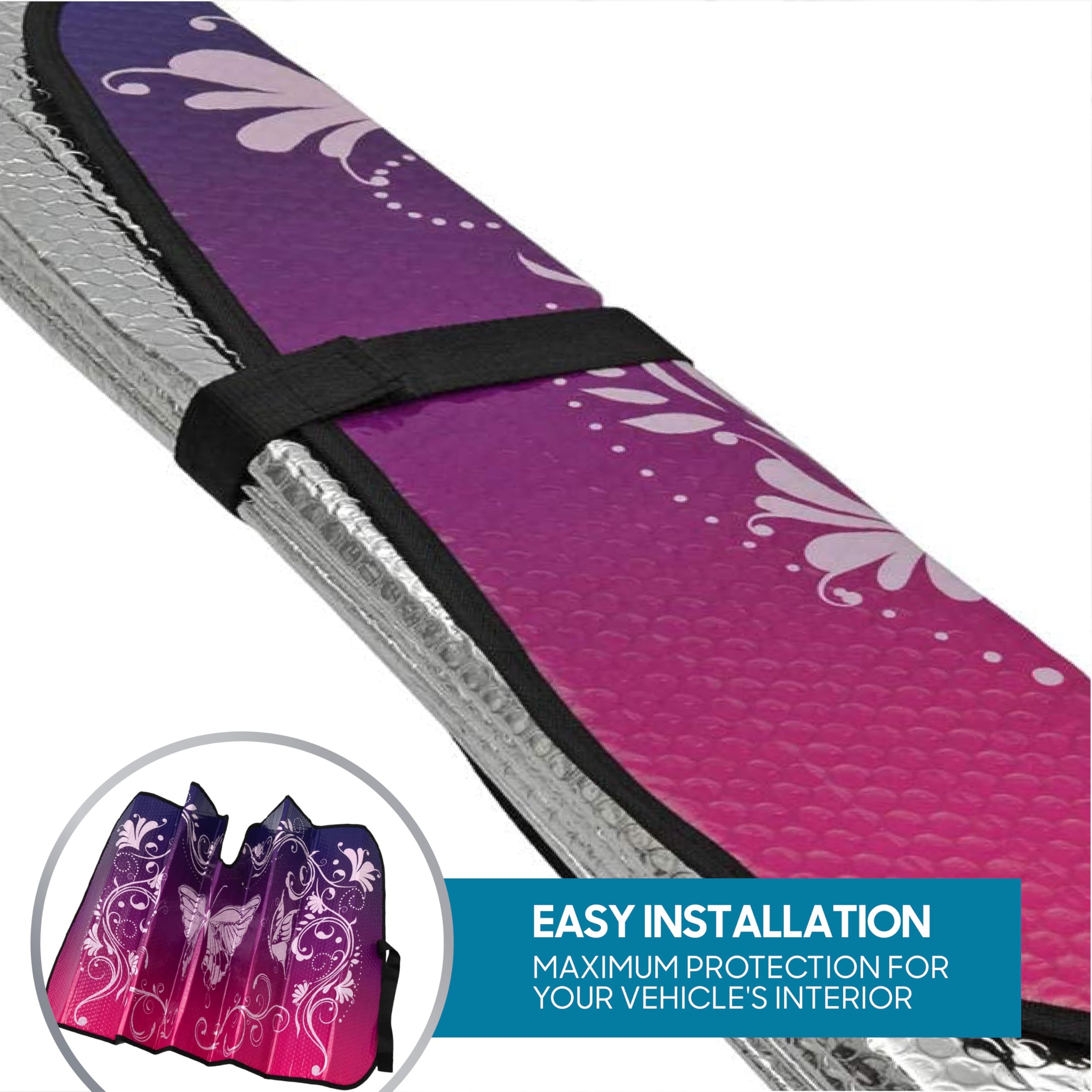 BDK Pink Butterfly Front Windshield Sunshade Accordion Folding Style Auto Shade for Cars Trucks SUVs Vans Blocks UV Rays Sun Visor Protector Easy Setup Keeps Your Vehicle Cool 58" x 27" - Image 5