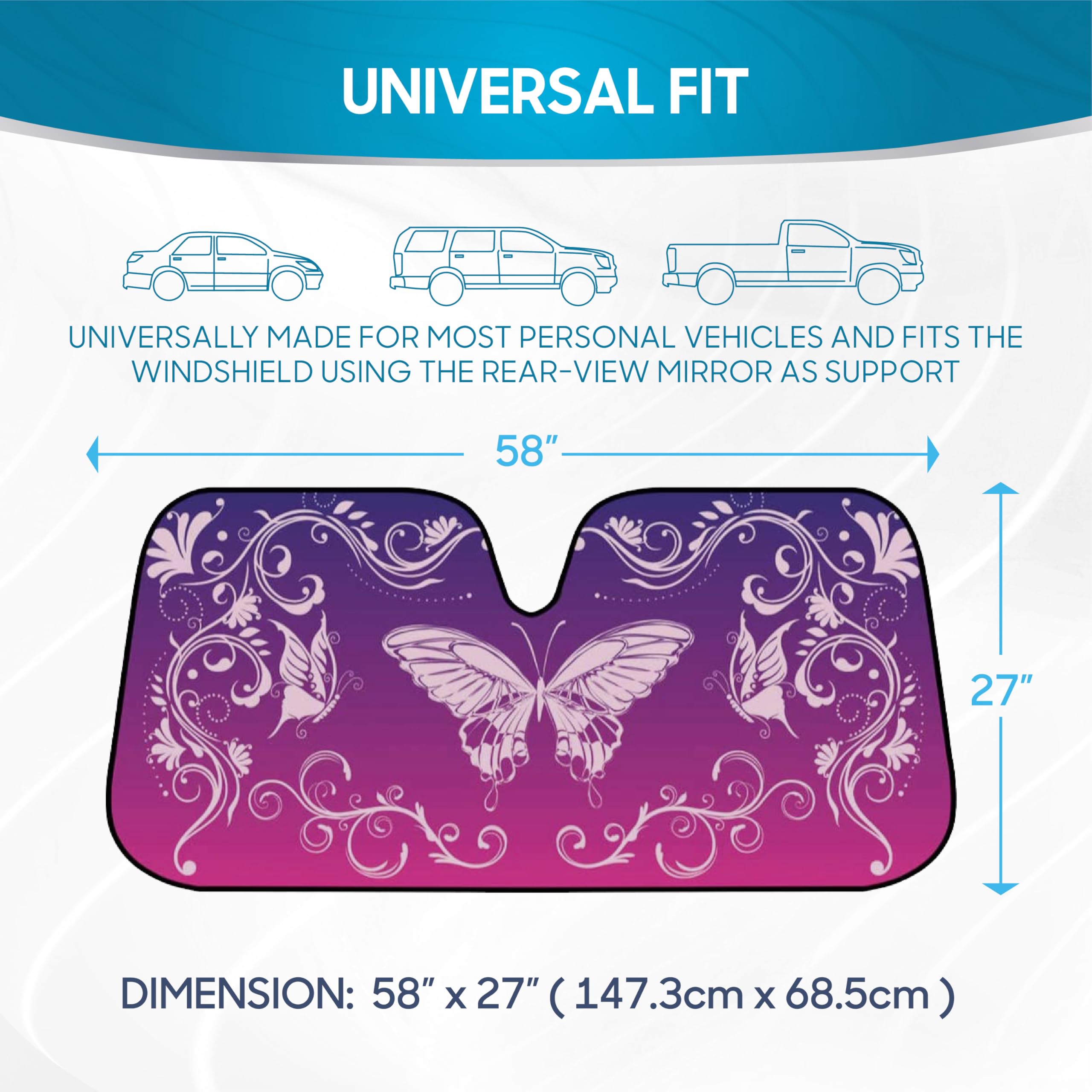 BDK Pink Butterfly Front Windshield Sunshade Accordion Folding Style Auto Shade for Cars Trucks SUVs Vans Blocks UV Rays Sun Visor Protector Easy Setup Keeps Your Vehicle Cool 58" x 27" - Image 6