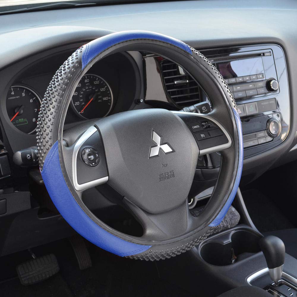 BDK Sporty Two Tone Ergonomic Grip Steering Wheel Cover - Massaging Gel Grip for Standard Size Wheels 14.5-15 inch Massaging Gel Grip Blue/Black - Image 3