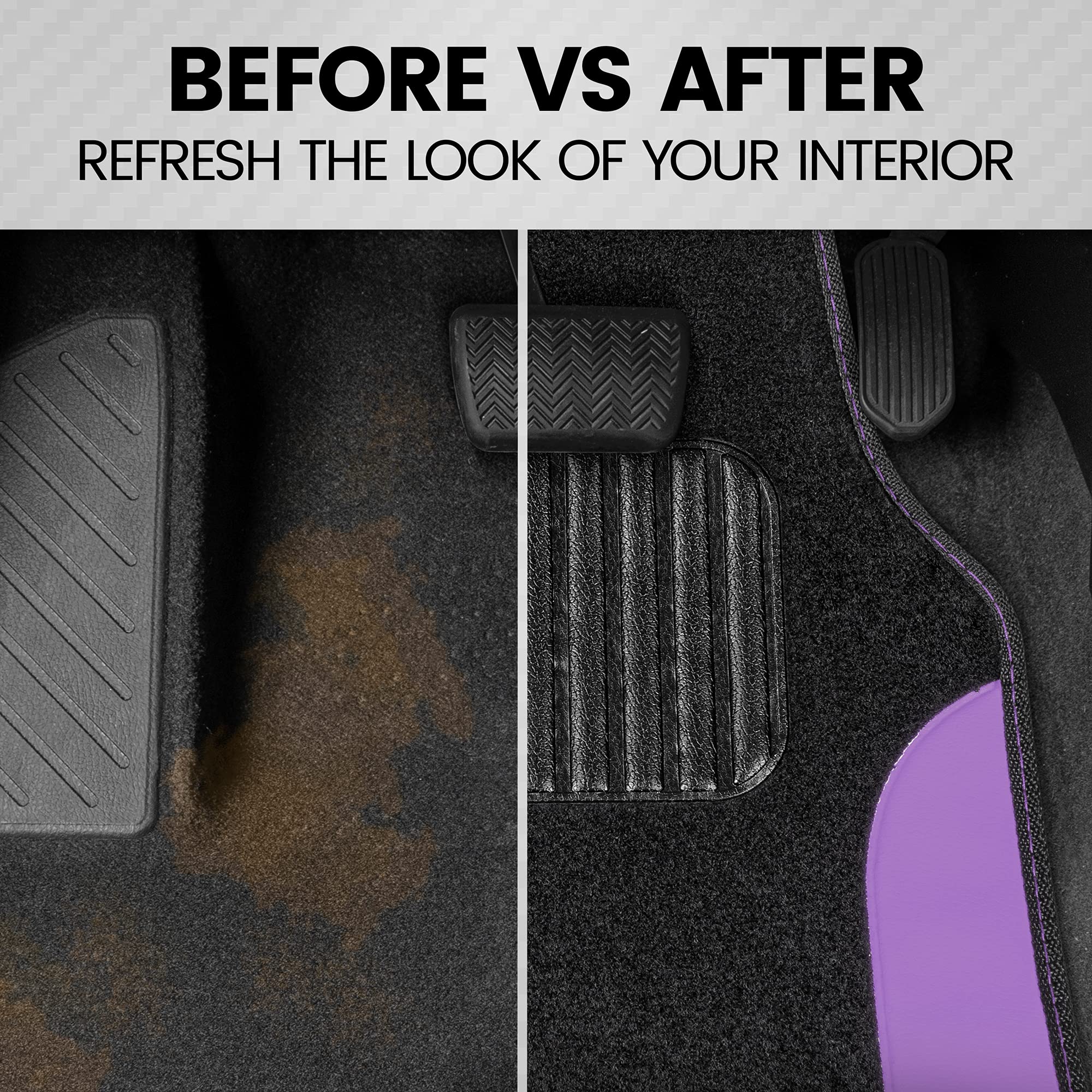 BDK Two-Tone Carpet Car Floor Mats with Faux Leather Accents, Automotive Floor Mat Set with Built-in Heel Pad, Stylish Interior Car Accessories (Purple) - Image 3