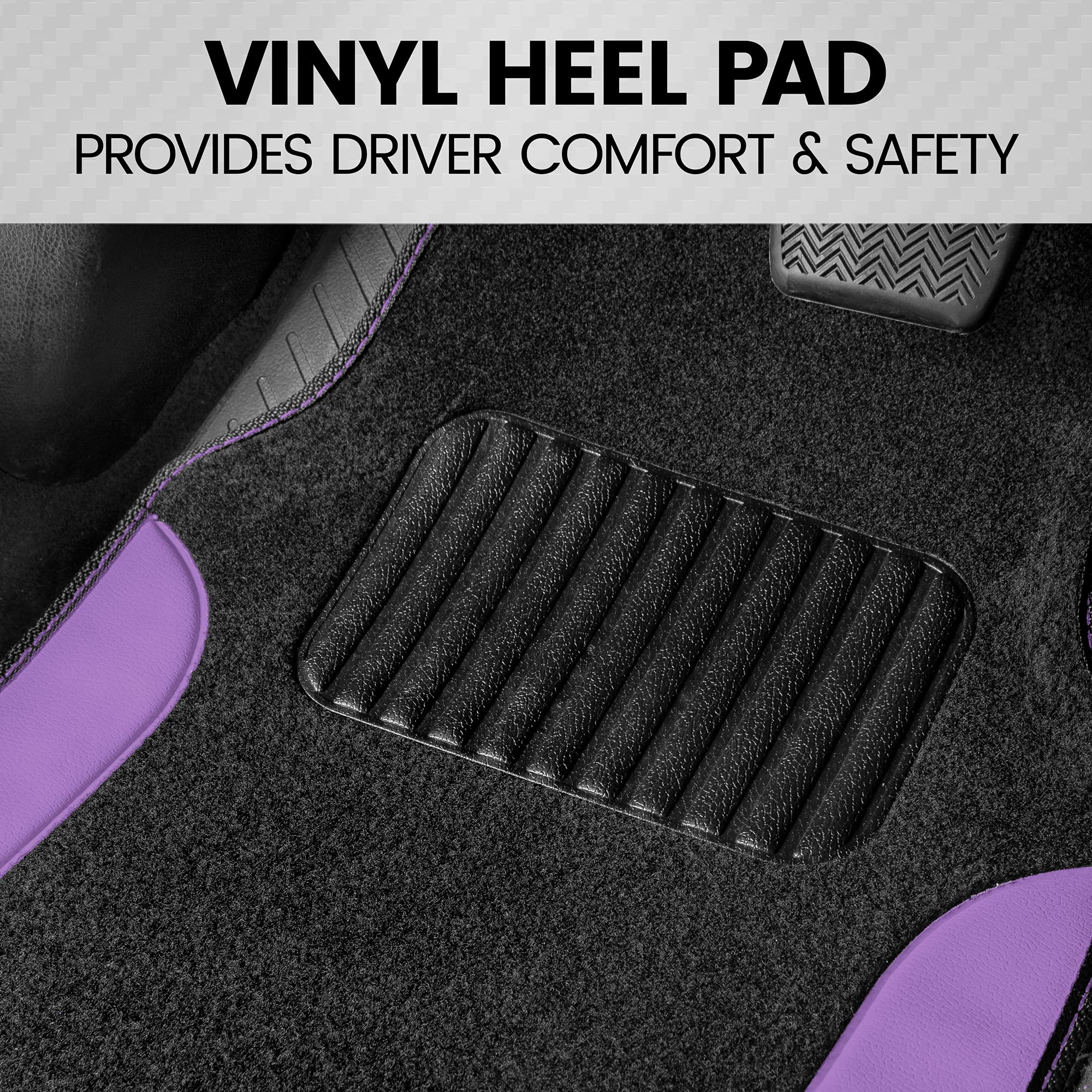 BDK Two-Tone Carpet Car Floor Mats with Faux Leather Accents, Automotive Floor Mat Set with Built-in Heel Pad, Stylish Interior Car Accessories (Purple) - Image 4