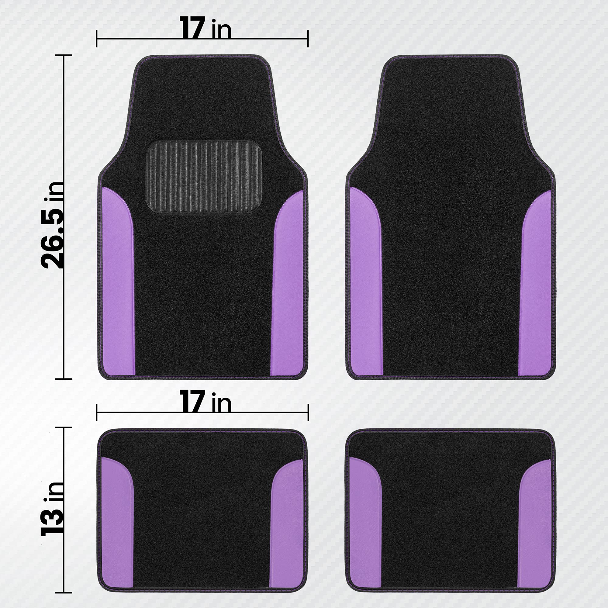 BDK Two-Tone Carpet Car Floor Mats with Faux Leather Accents, Automotive Floor Mat Set with Built-in Heel Pad, Stylish Interior Car Accessories (Purple) - Image 6