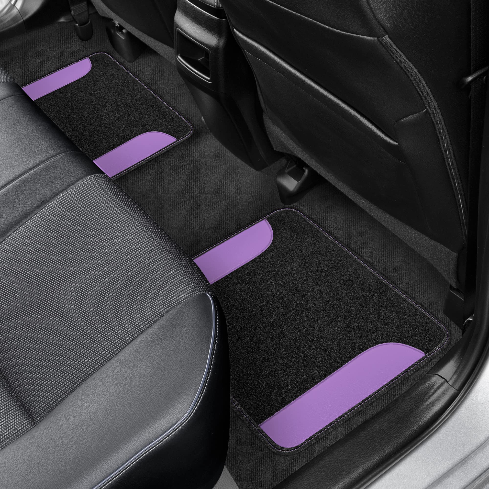BDK Two-Tone Carpet Car Floor Mats with Faux Leather Accents, Automotive Floor Mat Set with Built-in Heel Pad, Stylish Interior Car Accessories (Purple) - Image 7