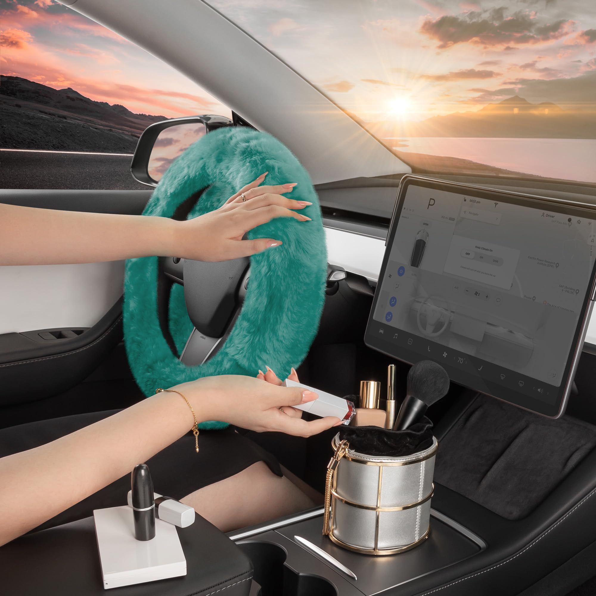 Carbella Aspen Mint Fuzzy Steering Wheel Cover for Women - Cute and Stylish Fluffy Fur Steering Wheel Cover for Cars Trucks Vans SUVs, Universal Fit for Wheel Sizes 14.5 to 15.5 inches - Image 3