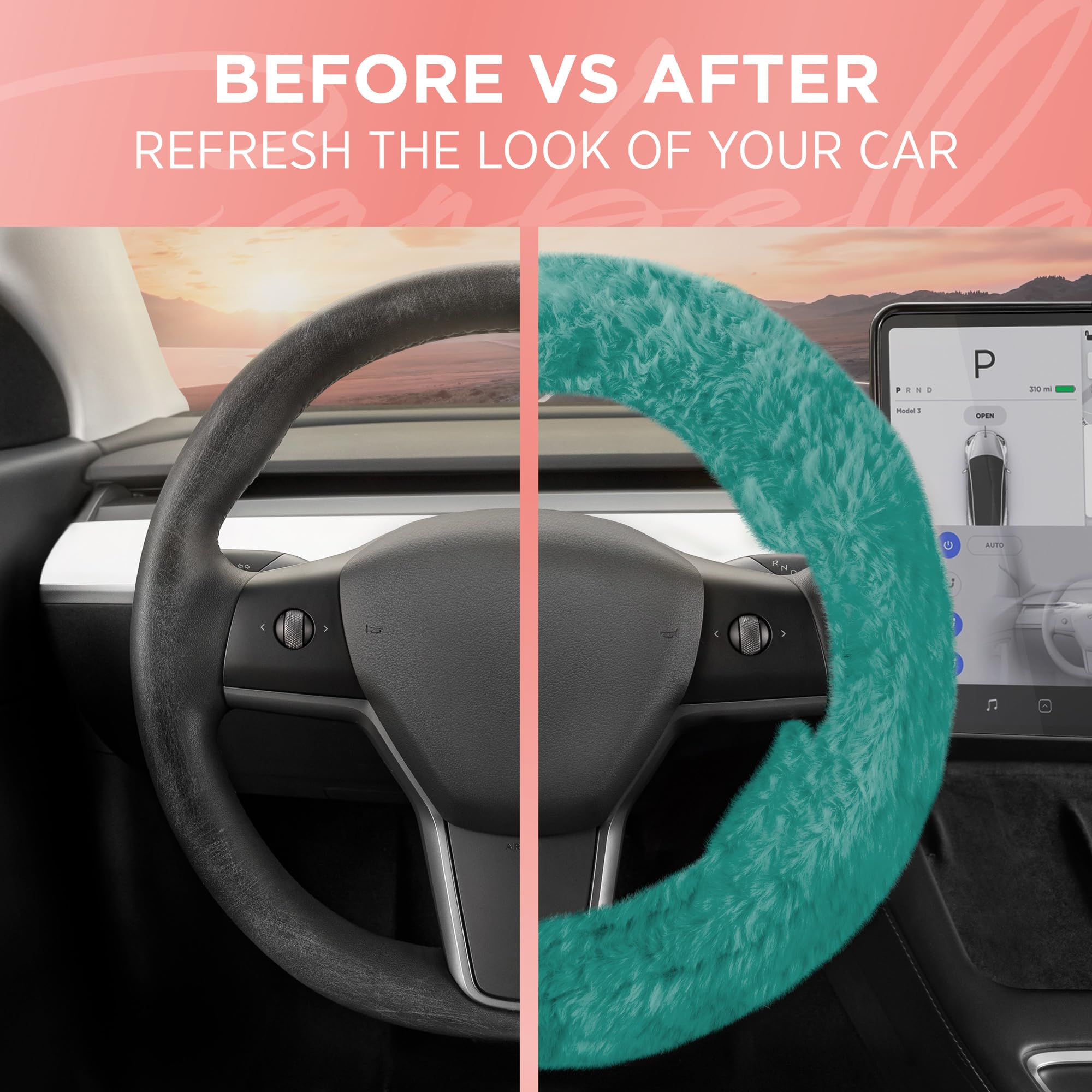 Carbella Aspen Mint Fuzzy Steering Wheel Cover for Women - Cute and Stylish Fluffy Fur Steering Wheel Cover for Cars Trucks Vans SUVs, Universal Fit for Wheel Sizes 14.5 to 15.5 inches - Image 4