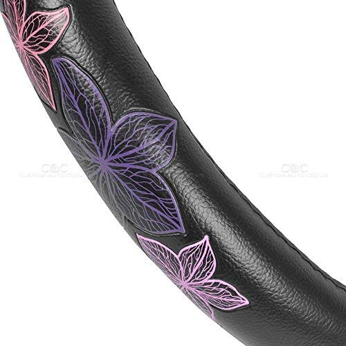 Pretty Rugs Gift Pack - Matching Flowers Design - Black Carpet Floor Mats w/Synthetic Leather Grip Steering Wheel Cover - Image 5